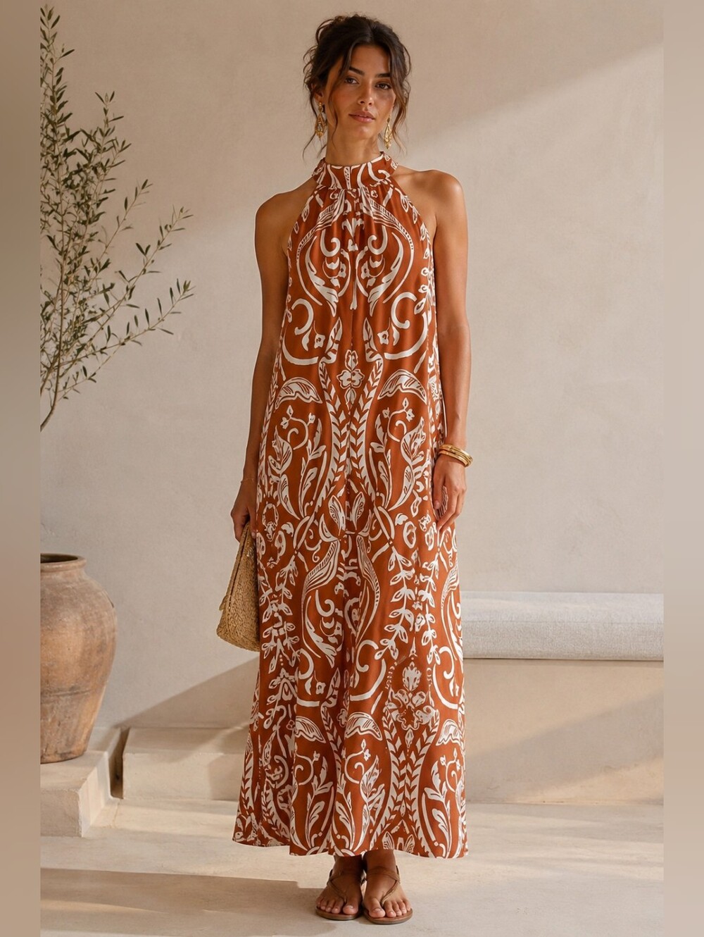 MSK Boho Halter Maxi Dress Brown Ivory Scroll Print Medium